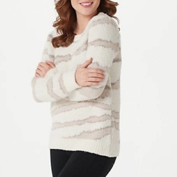 Barefoot Dreams CozyChic Seaside Crew-Neck Pullover Sweater Large Ivory Zebra - Picture 2 of 8